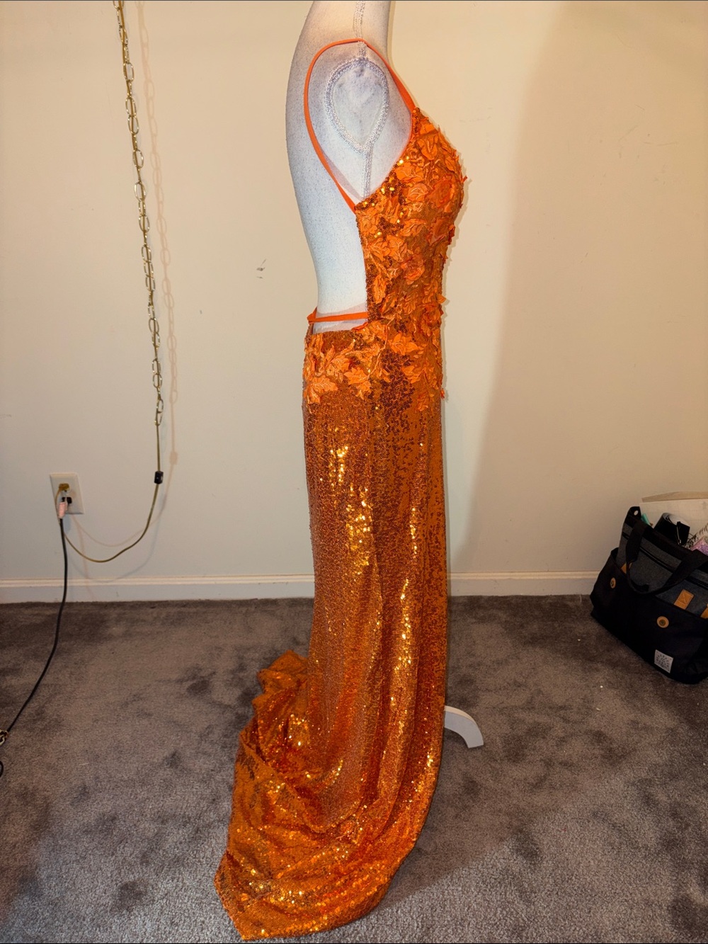 Hebeos orange sequin floral mesh maxi open back prom high slit dress - Picture 5 of 9
